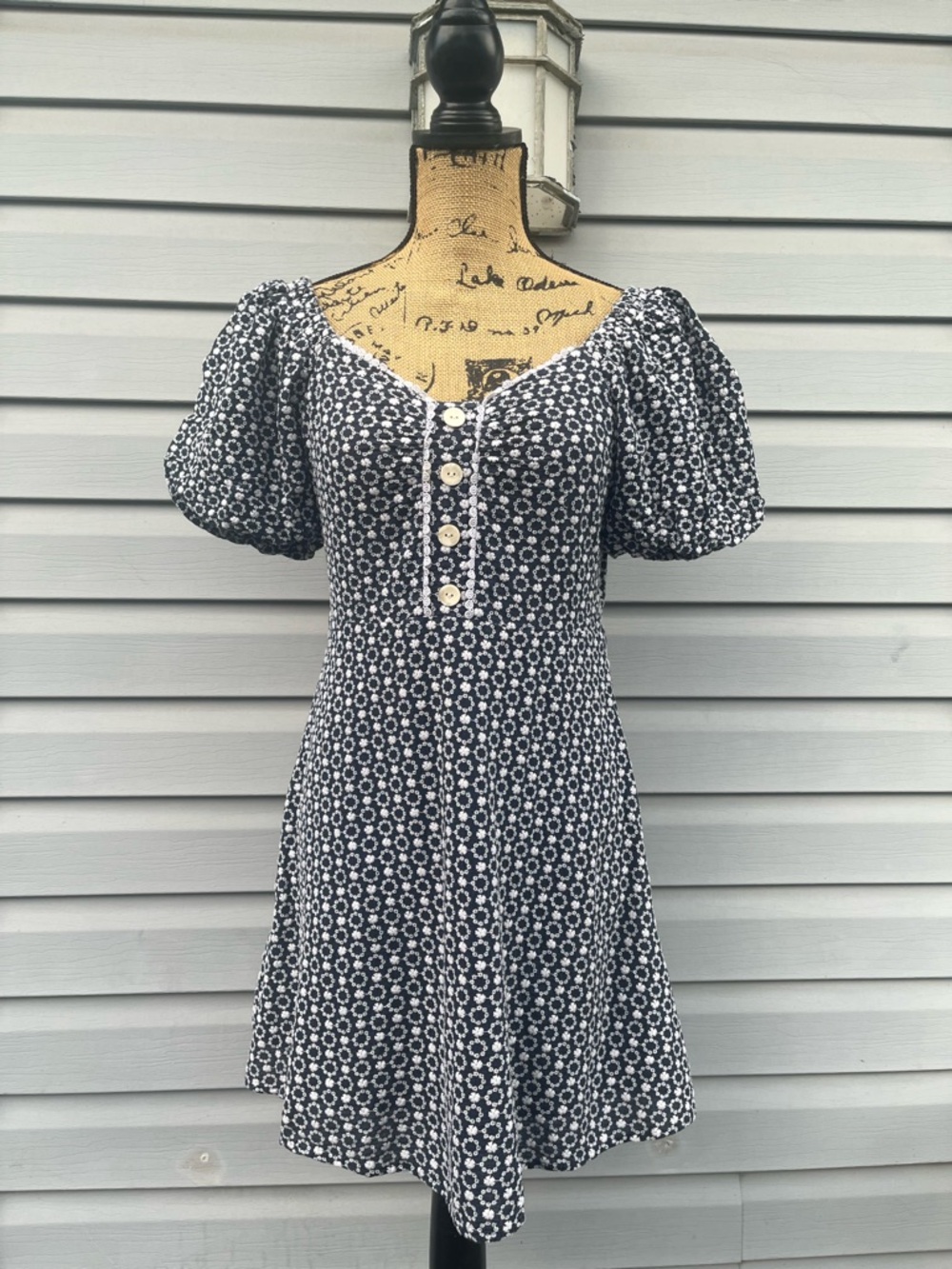 Navy & White Floral Embroidered Puff Sleeve Mini Dress